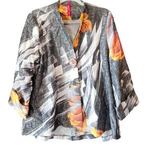 Ic by Connie K Metallic Gray Asymmetrical Jacket Women's Large Floral Artsy